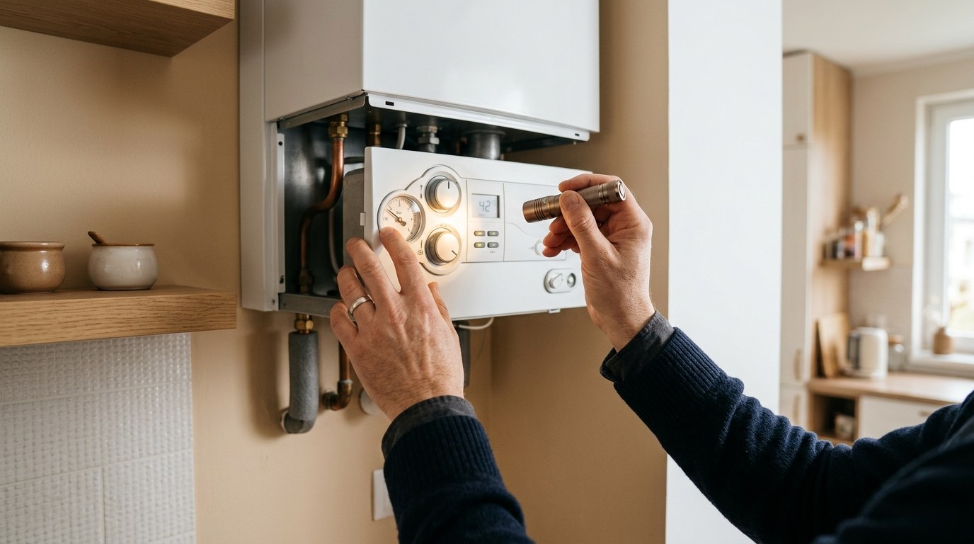 Dłonie technika sprawdzające panel pieca gazowego w jasnym wnętrzu domu.